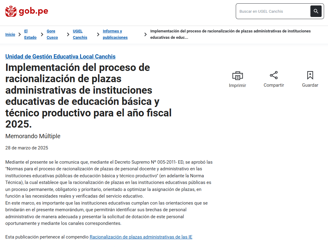 Implementación del proceso de racionalización de plazas administrativas de instituciones educativas de educación básica y técnico productivo para el año fiscal 2025.